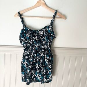Y2K Joei & I Smocked Waist Floral Babydoll Cami Tank Small Black Teal White